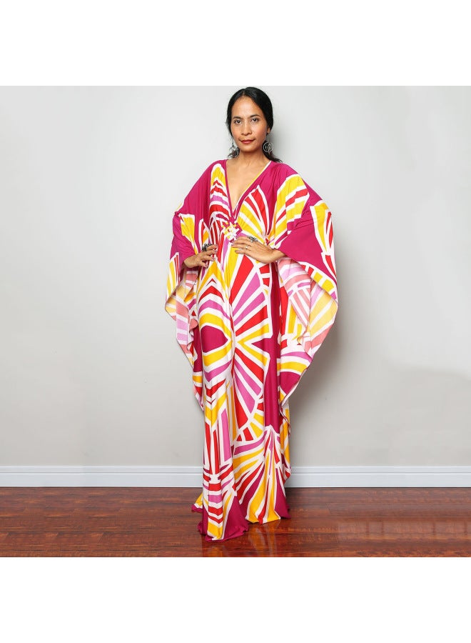 إسكدنيا تنورة الشاطئ الأوروبية والأمريكية الطويلة فضفاضة بالإضافة إلى حجم كبير، ملابس خارجية بي، بلوزة ملفوفة، تنورة ملفوفة، حجاب، ملابس للحماية من الشمس - اللون: 78693-25 أحمر وردي أصفر هندسي - - Image 1