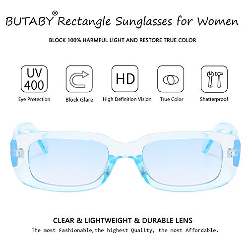 BUTABY Rectangle Sunglasses for Women Retro Driving Glasses 90’s Vintage Fashion Narrow Square Frame UV400 Protection Blue - Image 4