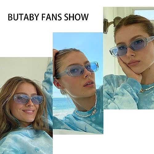 BUTABY Rectangle Sunglasses for Women Retro Driving Glasses 90’s Vintage Fashion Narrow Square Frame UV400 Protection Blue - Image 2