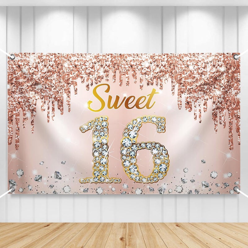 KatchOn, Large Sweet 16 Banner Rose Gold - 72x44 Inch | Sweet 16 Party Decorations | Sweet 16 Backdrop, Sweet 16 Decorations for Girls | Sweet 16 Birthday Banner for Sweet 16 Birthday Decorations | - Image 1