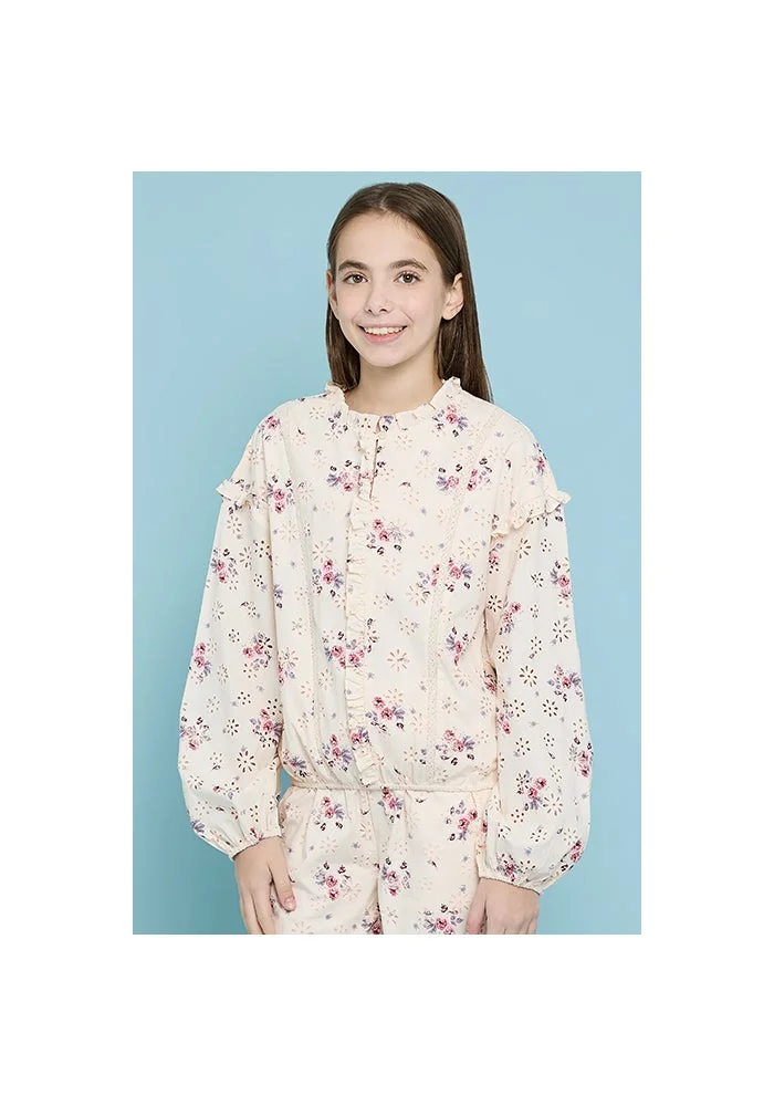 أر أند بي Floral Print Top with Crew Neck and Puff Sleeves