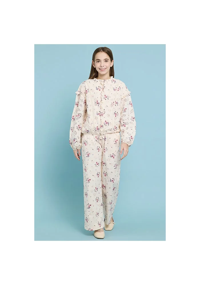 أر أند بي Floral Print Top with Crew Neck and Puff Sleeves