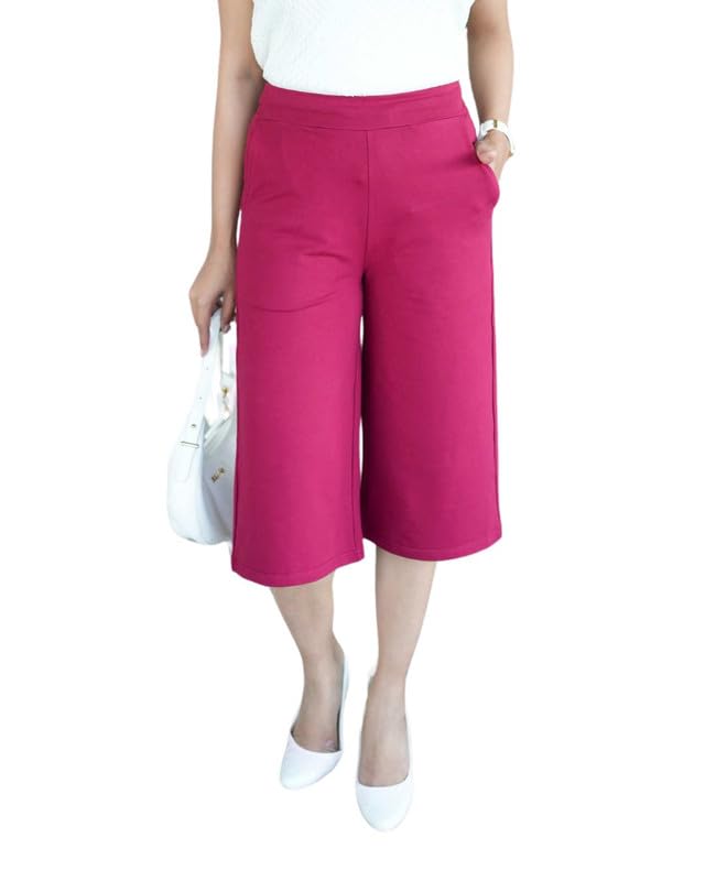 Mlada Store Mlada Women's Regular High Rise Calf Length Culotte Formal Office Pants | Formal Capri Trouser Pants for Women with 2 Pockets | Office Wear Cotton Rib Pleated Stretchable Trousers for Woman Dark Rose - Image 1