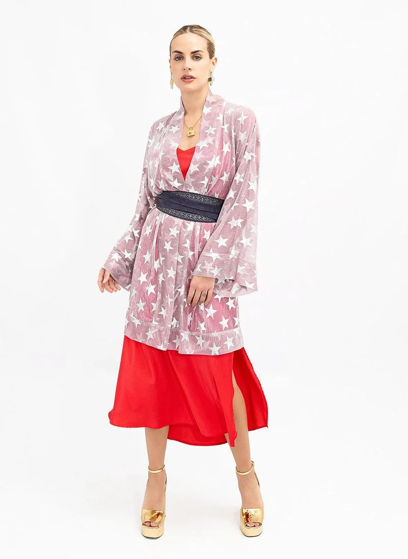 Pink Shimmering Mesh Silver Stars Kimono