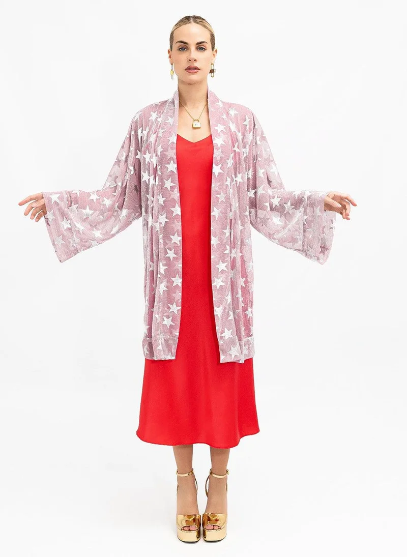 JANARA JONES Pink Shimmering Mesh Silver Stars Kimono