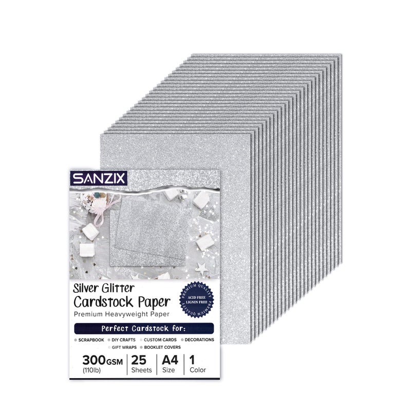 SANZIX 25 Sheets Silver Glitter Cardstock Paper 82x117 110lb 300 GSM Heavyweight Shiny Silver Glitter Paper Cardstock for Cricut Scrapbook DIY Crafts Christmas Gift Wraps Cards