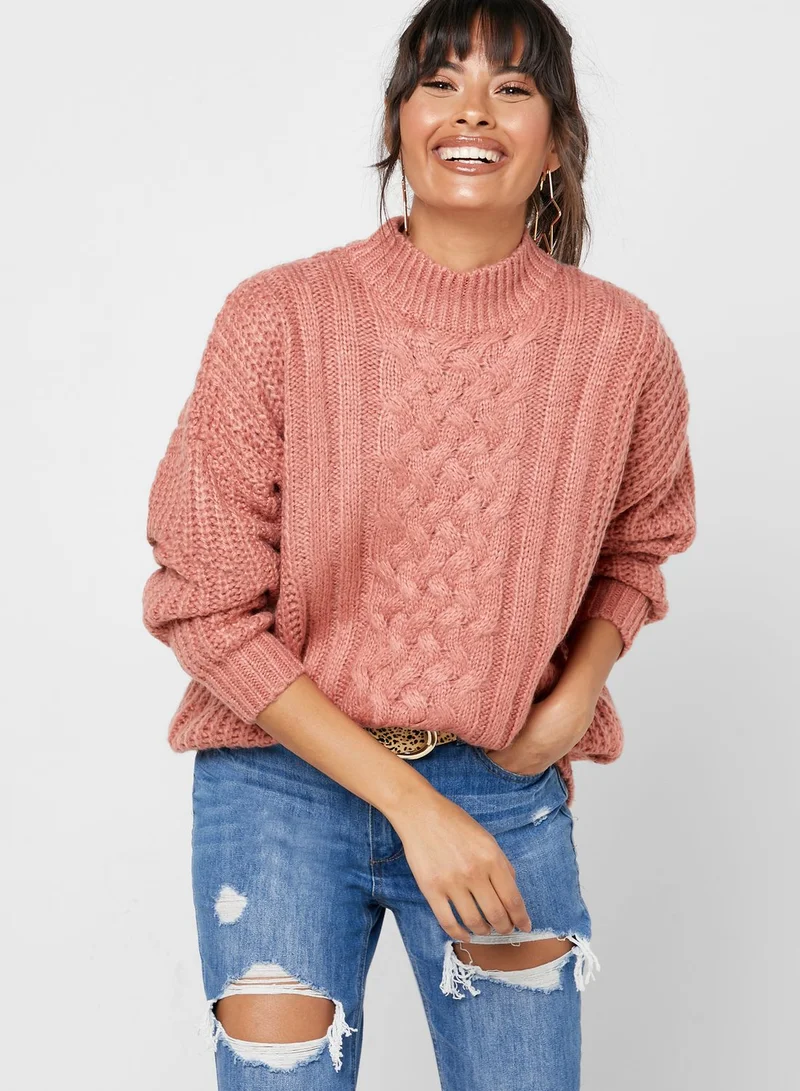 FOREVER 21 High Neck Cable Knit Sweater