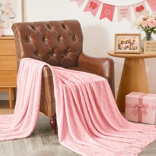 inhand Pink Knitted Throw Blanket for Couch Bed,Mothers Day/Mom Birthday Gifts for Mom from Daughter Son,Romantic Decor for Her Him Girlfriend Wife, Farmhouse Warm Woven for Women,50"x60" - Image 5