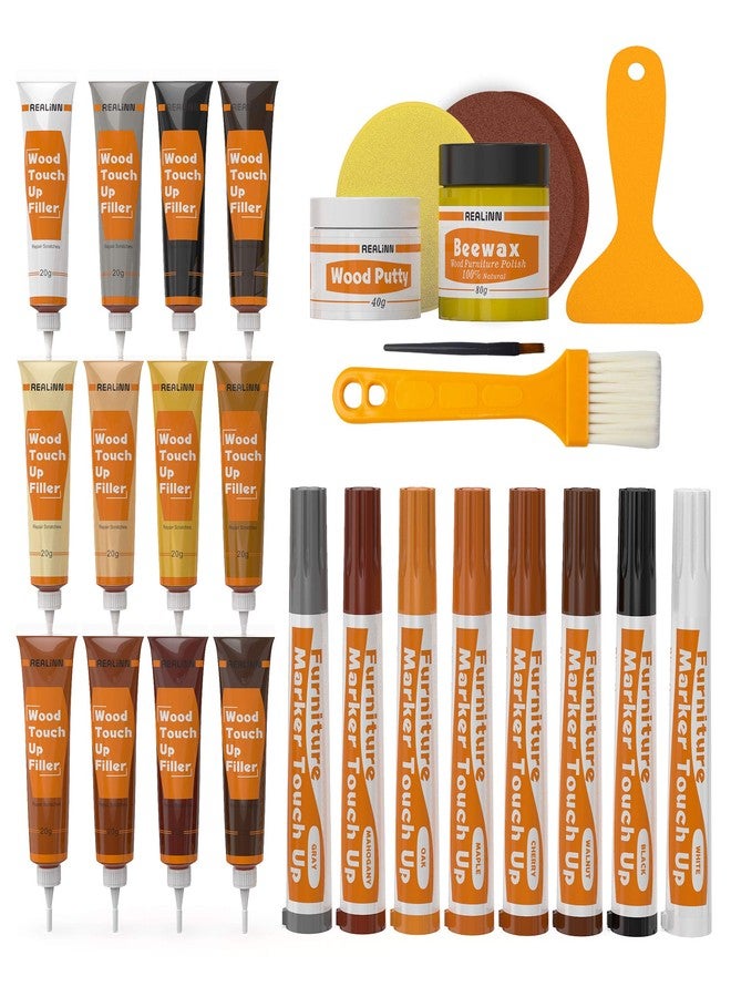 REALINN Wood Furniture Repair Kit- Set of 28 - Touch Up Markers, Fillers with Wood Putty - Repair Scratch, Cracks, Hole, Discoloration for Wooden Door, Floor, Table, Cabinet - Image 1