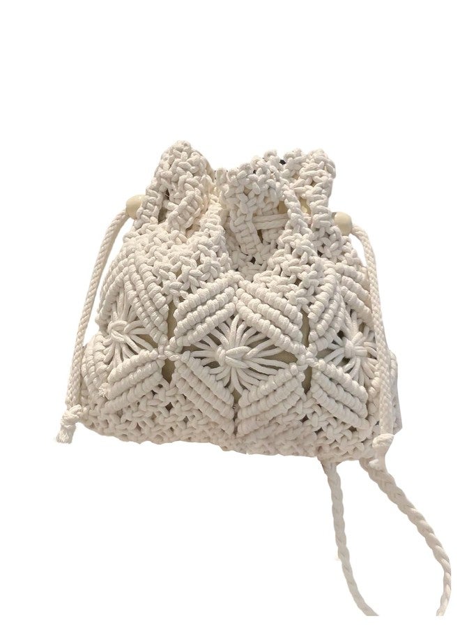 OYOANGLE Women's Braided Bucket Bag Drawstring Crossbody Bags Hollow Out Crochet Shoulder Handbag White One Size - Image 1