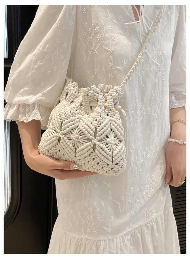 OYOANGLE Women's Braided Bucket Bag Drawstring Crossbody Bags Hollow Out Crochet Shoulder Handbag White One Size - Image 5