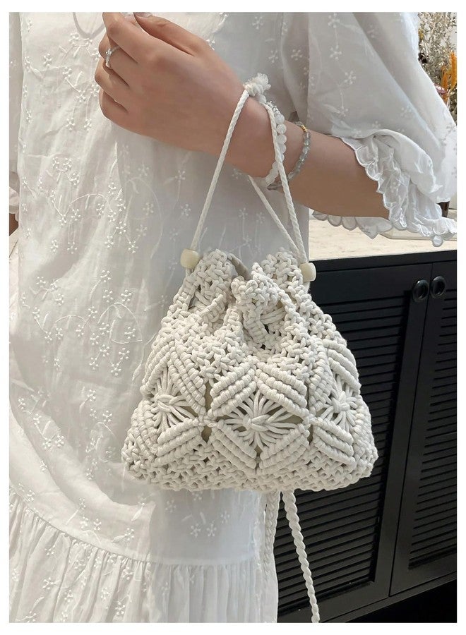 OYOANGLE Women's Braided Bucket Bag Drawstring Crossbody Bags Hollow Out Crochet Shoulder Handbag White One Size - Image 4