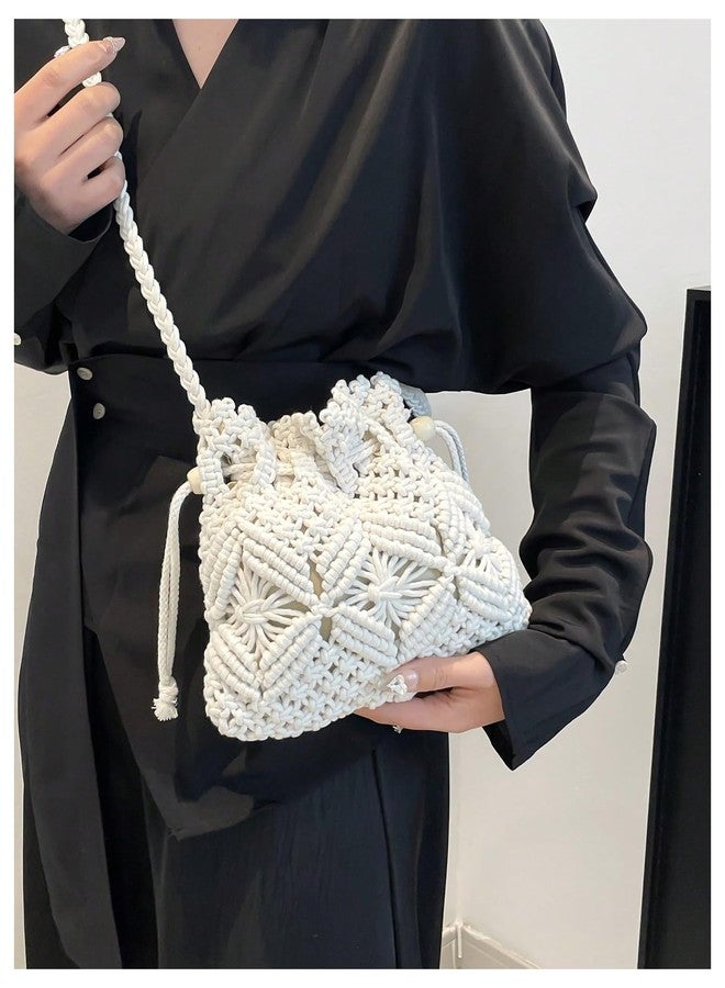 OYOANGLE Women's Braided Bucket Bag Drawstring Crossbody Bags Hollow Out Crochet Shoulder Handbag White One Size - Image 3