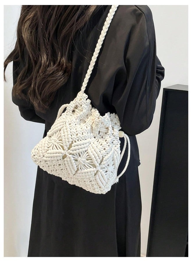 OYOANGLE Women's Braided Bucket Bag Drawstring Crossbody Bags Hollow Out Crochet Shoulder Handbag White One Size - Image 2