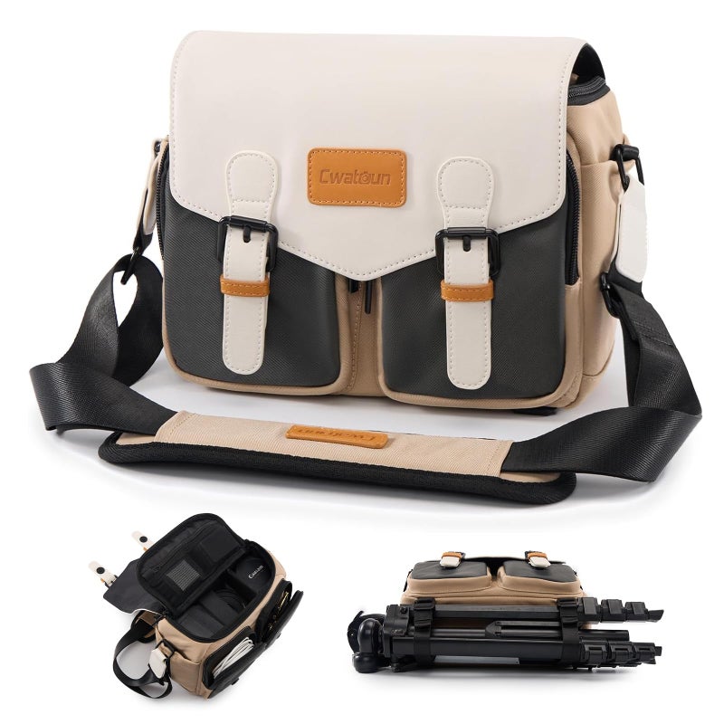 Cwatcun Camera Shoulder Bag Compact Camera Case Small Waterproof Camera Messenger Bag with Tripod Holder Travel Photography Bag for Canon Nikon Sony Fuji DSLRSLRMirrorless Camera Lens - Image 2