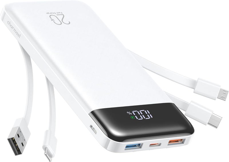 Charmast Power Bank with Built in Cables, 20000mAh USB C Battery Pack 5 Outputs 4 Inputs with LED Display Type C Powerbank,22.5W Fast Charging Portable Charger Compatible with Smartphones(White) - Image 1