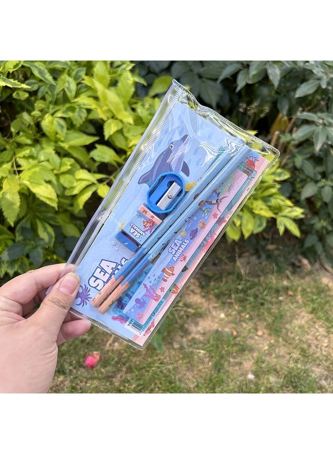 مجموعة قرطاسية من 5 قطع زرقاء بحيوانات لطيفة مع صندوق هدايا ومستلزمات مدرسية - Image 5