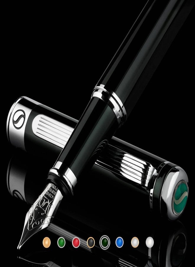 Scriveiner Black Green Fountain Pen - Stunning Luxury Pen with Chrome Finish, Schmidt Nib (Medium), Best Pen Gift Set for Men & Women, Professional, Executive, Office, Nice Pens - Image 1