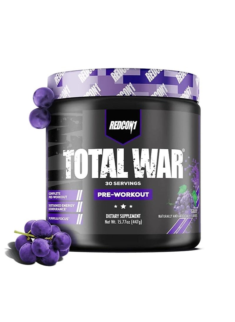 REDCON1 Total War Pre Workout Powder, Beta Alanine Plus Citrulline Malate Vegan & Keto Friendly Preworkout 320mg Of Caffeine Grape- 30 Servings 