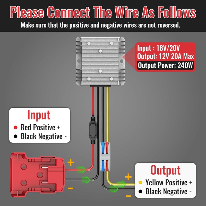 Kzreect 18V to 12V Step-Down Converter for Milwaukee M18 Battery Adapter,DC 12V 20A 240W Buck Converter Reducer Regulator with Upgraded Low Voltage Protection for Golf Cart RC Car LED Lights DIY Toys - Image 5