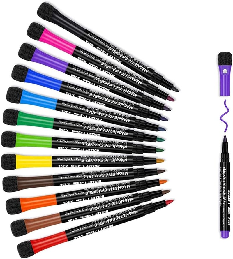 LINJIE Magnetic Dry Erase Markers，12 Colors Erasable Whiteboard Markers With Eraser Cap Dry Erase Markers，Low Odor Erasable White Board Markers For Kids & Teachers, Home, Office And School Supplies - Image 1