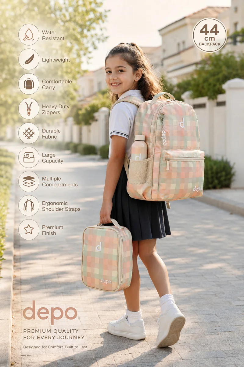 Depo Depo 4-Piece School Backpack Set – Peach Pastel Checkered | 44cm Backpack with Insulated Lunch Bag, Pencil Case & 500ml Water Bottle