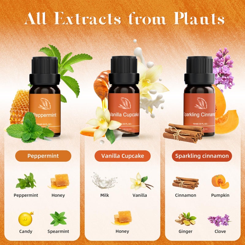 ASAKUKI Essential Oils for Diffusers for Home, Fragrance Oil for Candle Making, Peppermint, Vanilla Cupcake, Sparkling Cinnamon, Spiced Pumpkin, Christmas Wreath and Apple Cinnamon 6 x 10 ml - Image 2