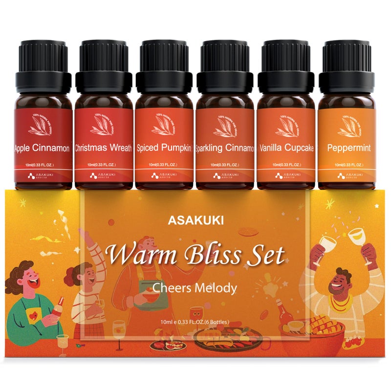 ASAKUKI Essential Oils for Diffusers for Home, Fragrance Oil for Candle Making, Peppermint, Vanilla Cupcake, Sparkling Cinnamon, Spiced Pumpkin, Christmas Wreath and Apple Cinnamon 6 x 10 ml - Image 1