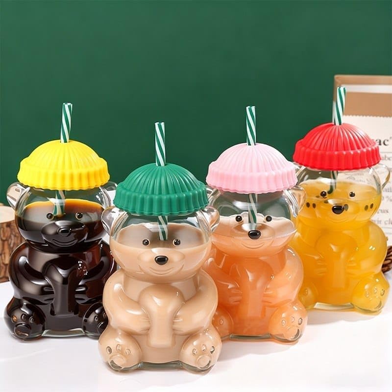 Generic Cute Bear Shaped Glass Cup with Lid and Straw, Reusable Drinking Tumbler for Coffee, Tea, Milk, Juice and Cold Beverages, Adorable Teddy Bear Glass Mug for Home, Office and Gift - Image 2