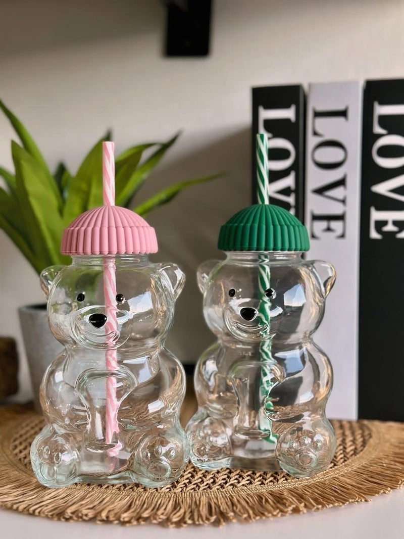Generic Cute Bear Shaped Glass Cup with Lid and Straw, Reusable Drinking Tumbler for Coffee, Tea, Milk, Juice and Cold Beverages, Adorable Teddy Bear Glass Mug for Home, Office and Gift - Image 3