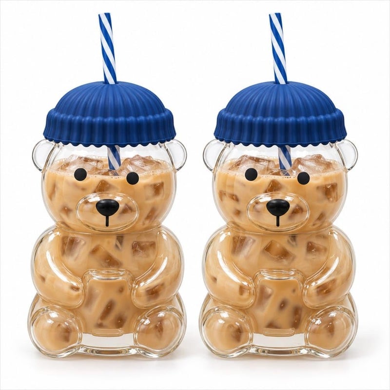 Generic Cute Bear Shaped Glass Cup with Lid and Straw, Reusable Drinking Tumbler for Coffee, Tea, Milk, Juice and Cold Beverages, Adorable Teddy Bear Glass Mug for Home, Office and Gift - Image 1