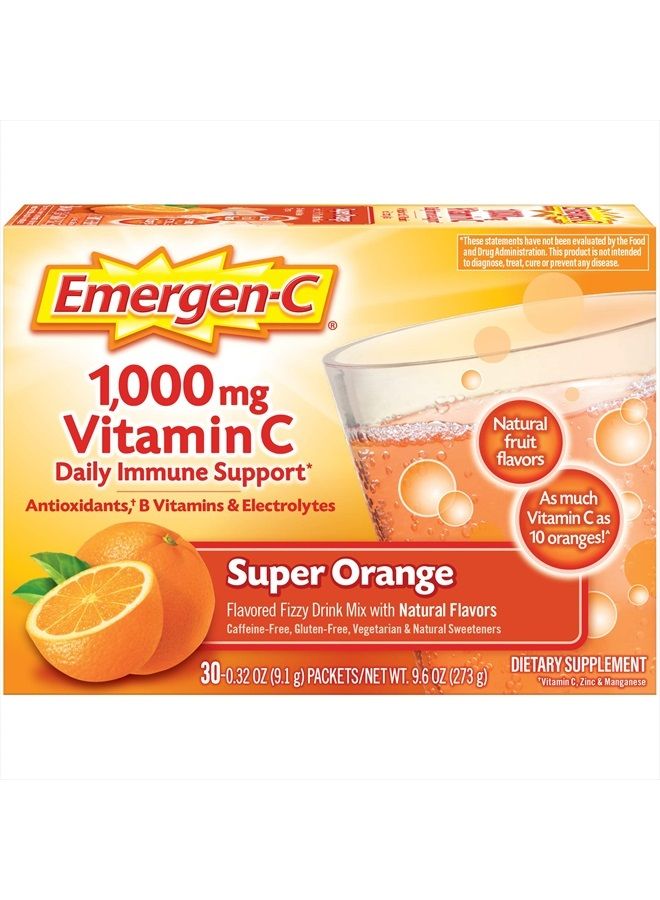 Emergen-C مسحوق فيتامين سي 1000 ملغ لدعم المناعة اليومية خالي من الكافيين مكملات فيتامين سي مع الزنك والمنغنيز، وفيتامينات ب والإلكتروليتات، بنكهة البرتقال الفائقة - 30 حبة - Image 1