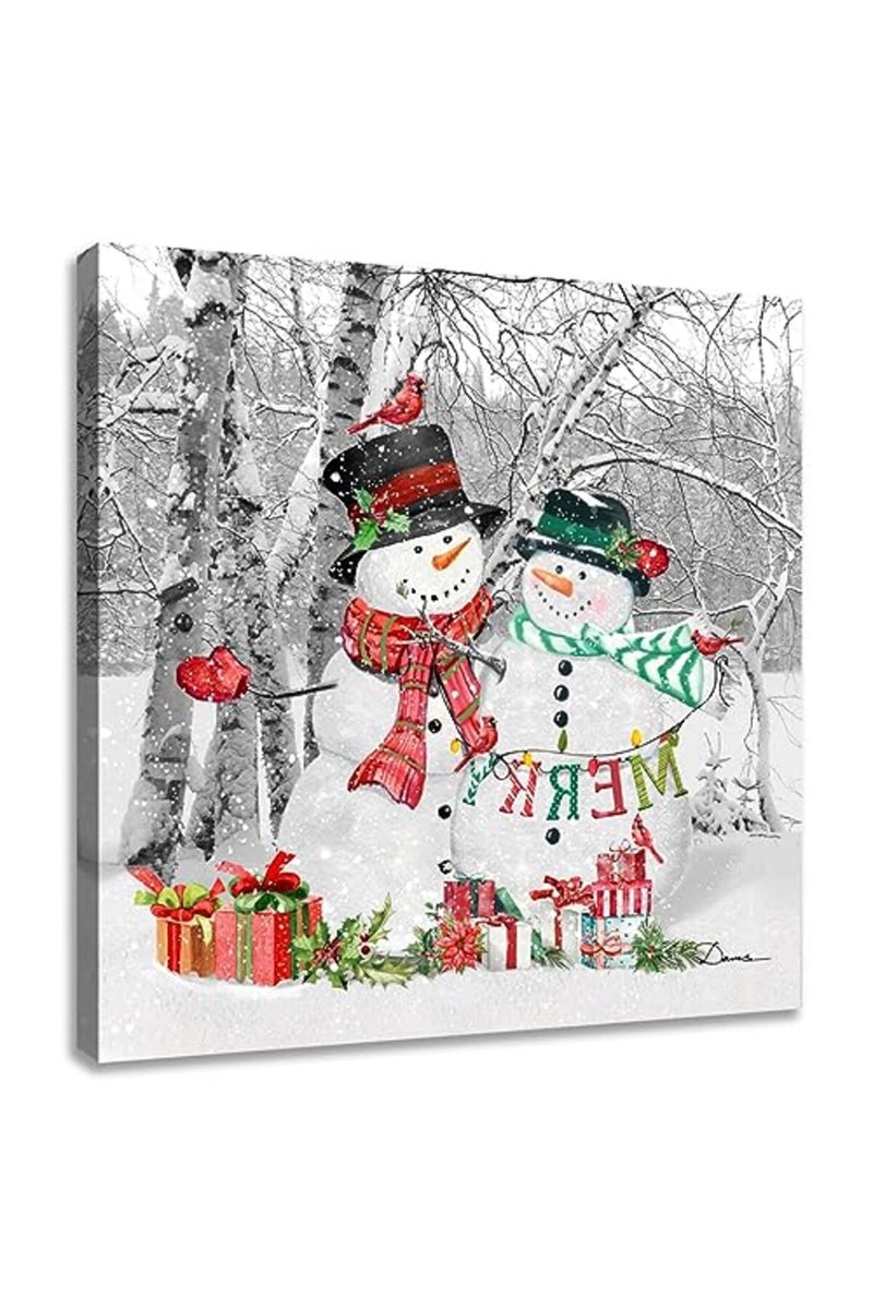 Woxfcart Snowman Picture Decor Wall Art Winter Birch Forest Scene Poster Canvas Print for Happy Christmas New Years Gift 12x12 - Image 2