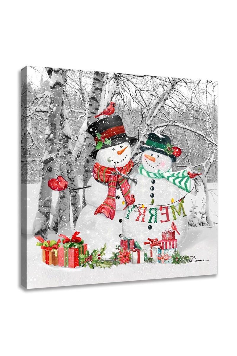 Woxfcart Snowman Picture Decor Wall Art Winter Birch Forest Scene Poster Canvas Print for Happy Christmas New Years Gift 12x12 - Image 1