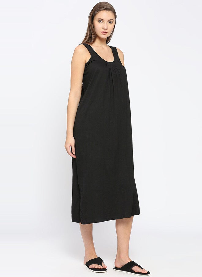 Red Rose RedRose Black Cotton Round Neck Long Slip Nighty with Side Slits - Image 3