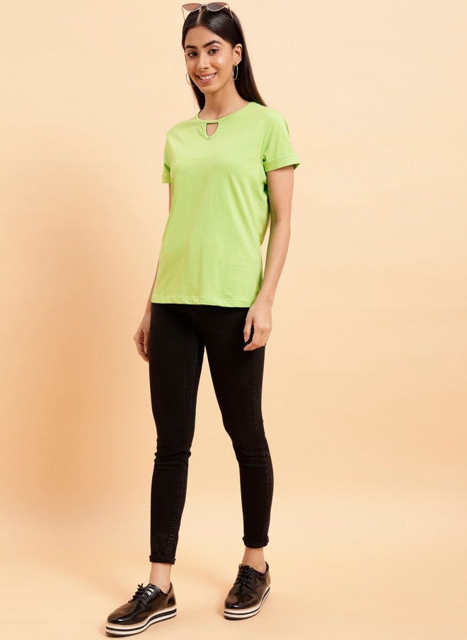MINT STREET Mint Green Cut Out Cotton T-Shirt for Women - Image 5