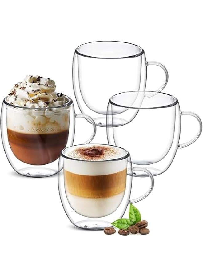 HOOKOR 8 oz Double Walled Glass Coffee Mugs, Clear Cappuccino Glass Mug Set of 4, Double Insulated Glass Coffee Mugs with Handle, Latte Mug, Espresso Mug Cups for HotCold Drinks, Dishwasher Safe - Image 1
