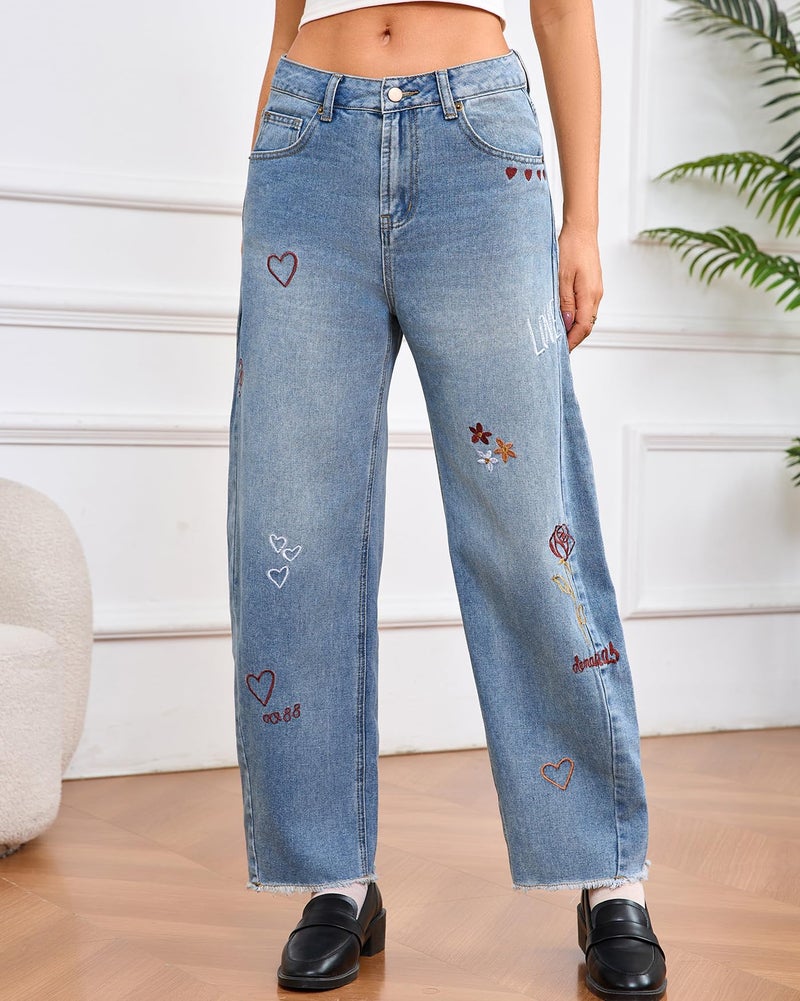 YEXPINE Women Valentines Day Pattern Embroidered Barrel Jeans Wide Leg Mid Rise Baggy Boyfriend Y2K Denim Pants with Pockets Light Blue - Image 5