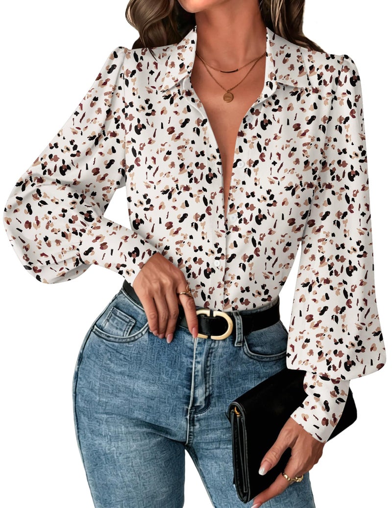 Zeagoo Chiffon Blouse for Women Long Sleeve Lantern Top Floral Print Button Down Shirt Dressy Casual Spring Clothes - Image 1