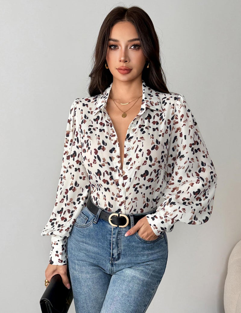 Zeagoo Chiffon Blouse for Women Long Sleeve Lantern Top Floral Print Button Down Shirt Dressy Casual Spring Clothes - Image 3