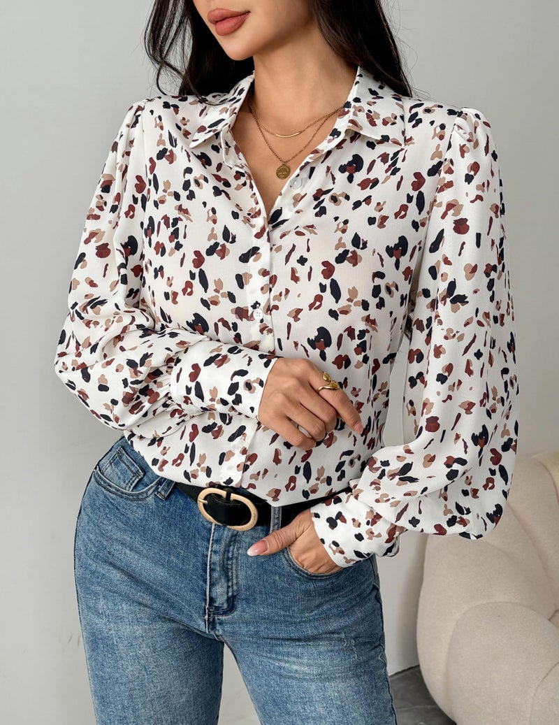 Zeagoo Chiffon Blouse for Women Long Sleeve Lantern Top Floral Print Button Down Shirt Dressy Casual Spring Clothes - Image 2