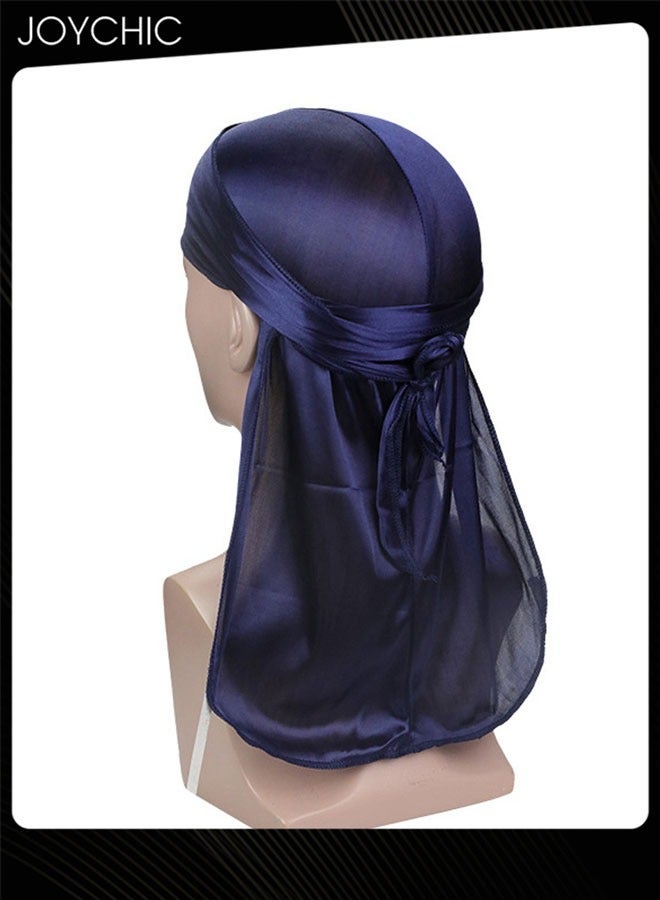 NIBEMINENT New Style Soild Pattern Silk Durag Satin for Men Pirate Caps Long Tail Decoration Head Wrap Elastic Beanie Hats Waves Hijab Navy  - Image 1