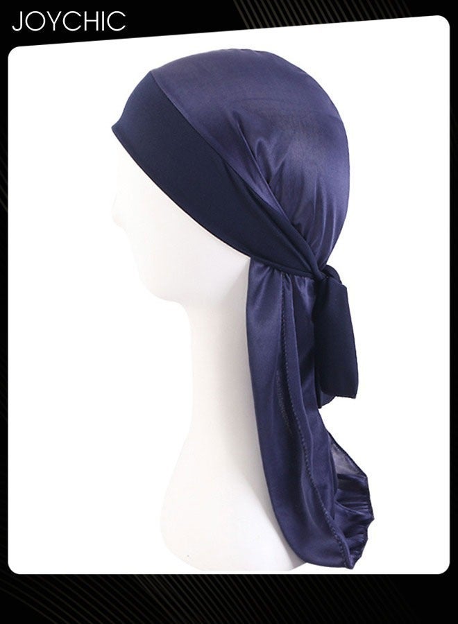 NIBEMINENT New Style Soild Pattern Silk Durag Satin for Men Pirate Caps Long Tail Decoration Head Wrap Elastic Beanie Hats Waves Hijab Navy  - Image 3