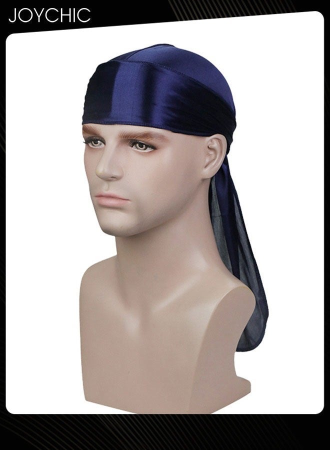 NIBEMINENT New Style Soild Pattern Silk Durag Satin for Men Pirate Caps Long Tail Decoration Head Wrap Elastic Beanie Hats Waves Hijab Navy  - Image 2