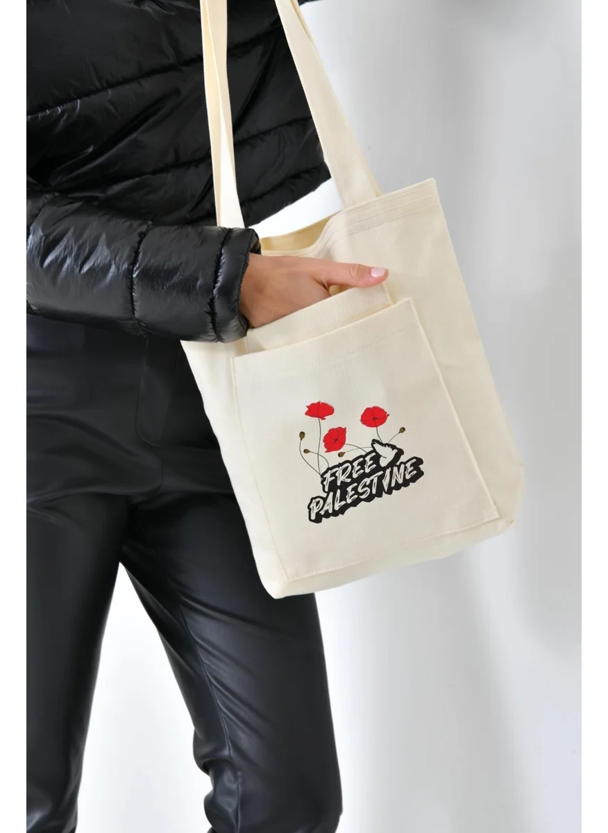 Çınar Bez Çanta 2 Pocket Free Printed Ecru Gabardine Bag