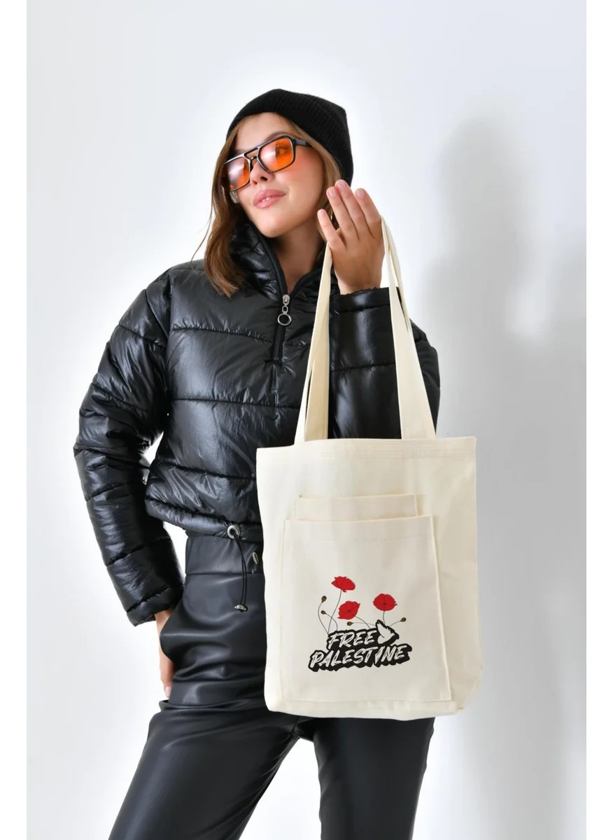 Çınar Bez Çanta 2 Pocket Free Printed Ecru Gabardine Bag