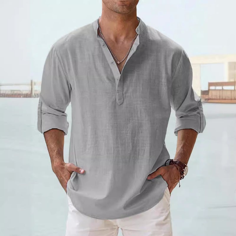 Casual Men'S Loose Men'S Fashionable Collar Sports Solid Color Long Sleeve Cotton Top Large Size Shirt - Image 4