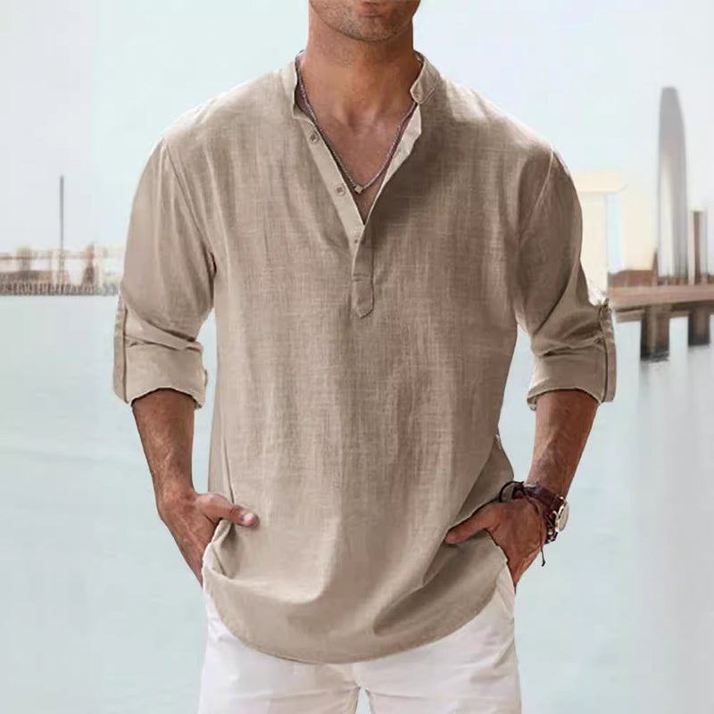 Casual Men'S Loose Men'S Fashionable Collar Sports Solid Color Long Sleeve Cotton Top Large Size Shirt - Image 5
