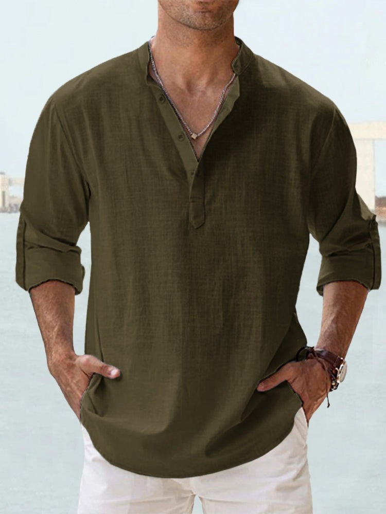 Casual Men'S Loose Men'S Fashionable Collar Sports Solid Color Long Sleeve Cotton Top Large Size Shirt - Image 1