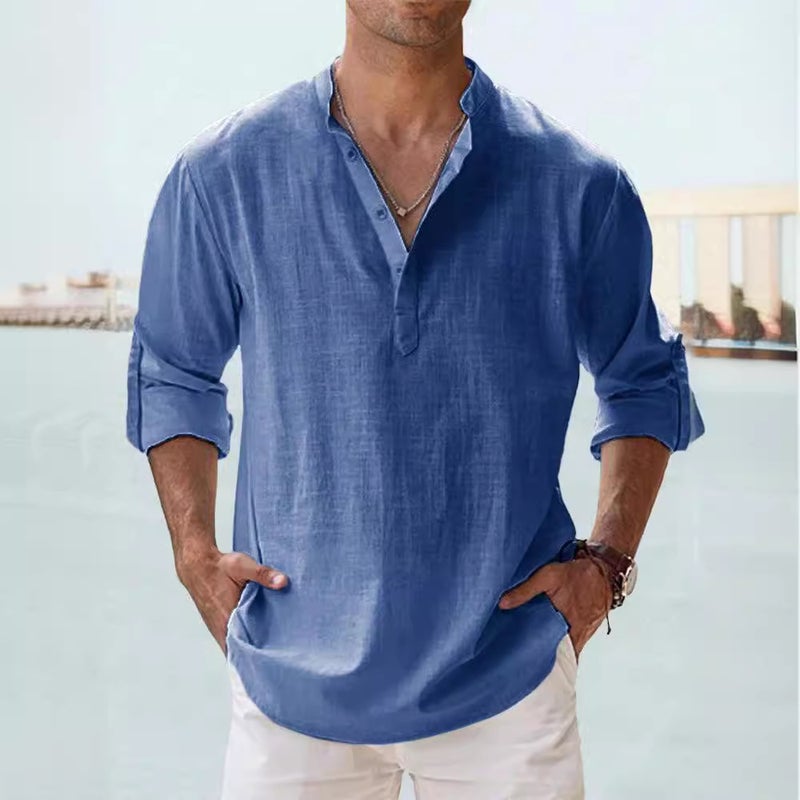 Casual Men'S Loose Men'S Fashionable Collar Sports Solid Color Long Sleeve Cotton Top Large Size Shirt - Image 3